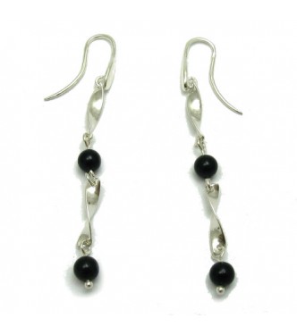 E000685 Long dangling sterling silver earrings solid 925 with 6mm onyx Empress